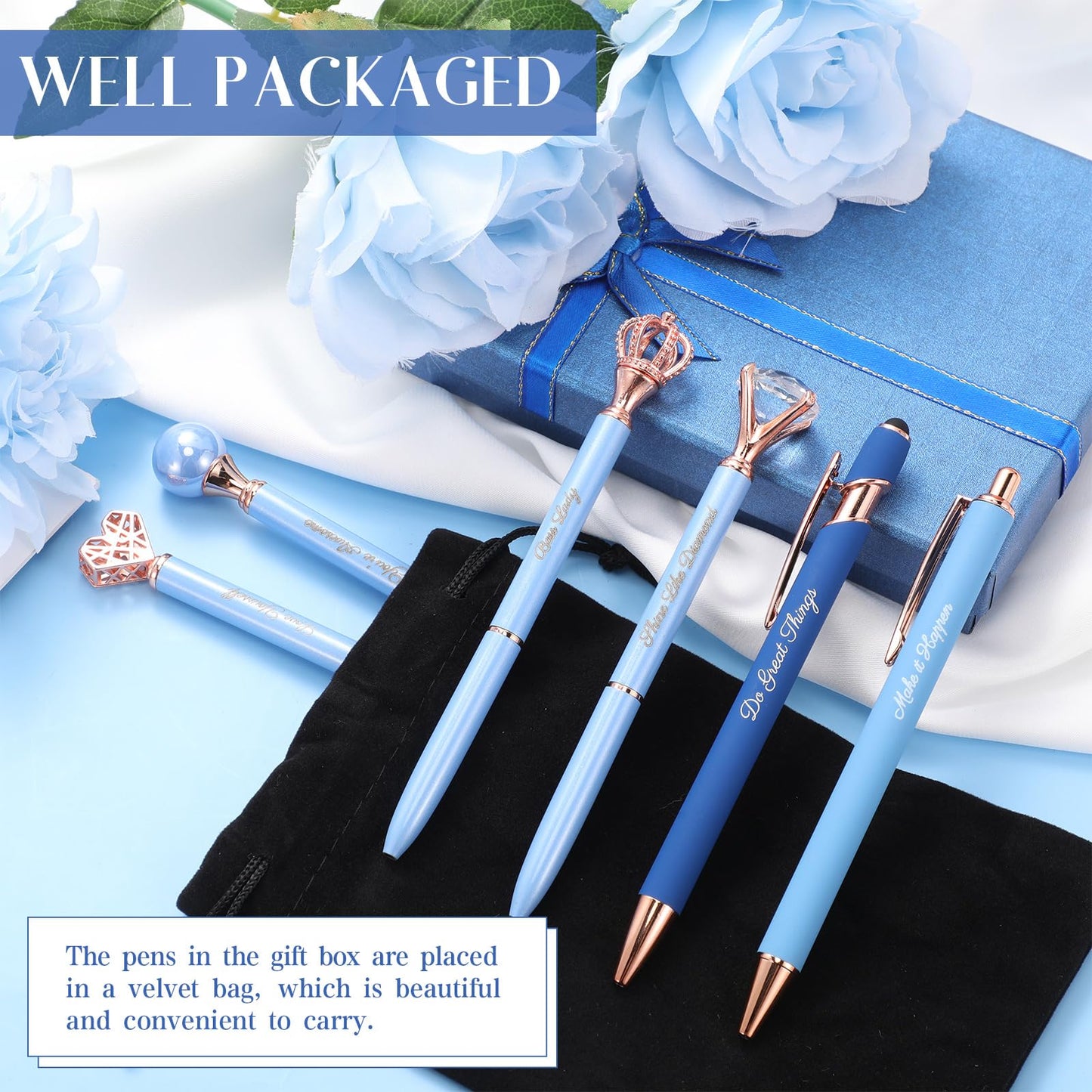 Qeeenar 6 Pcs Fancy Pens for Women Crystal Diamond Pen for Journaling Pretty Glitter Ballpoint with Box Inspirational Gifts for Women Girls College Students Cute Back to School Gifts(Dark Blue)