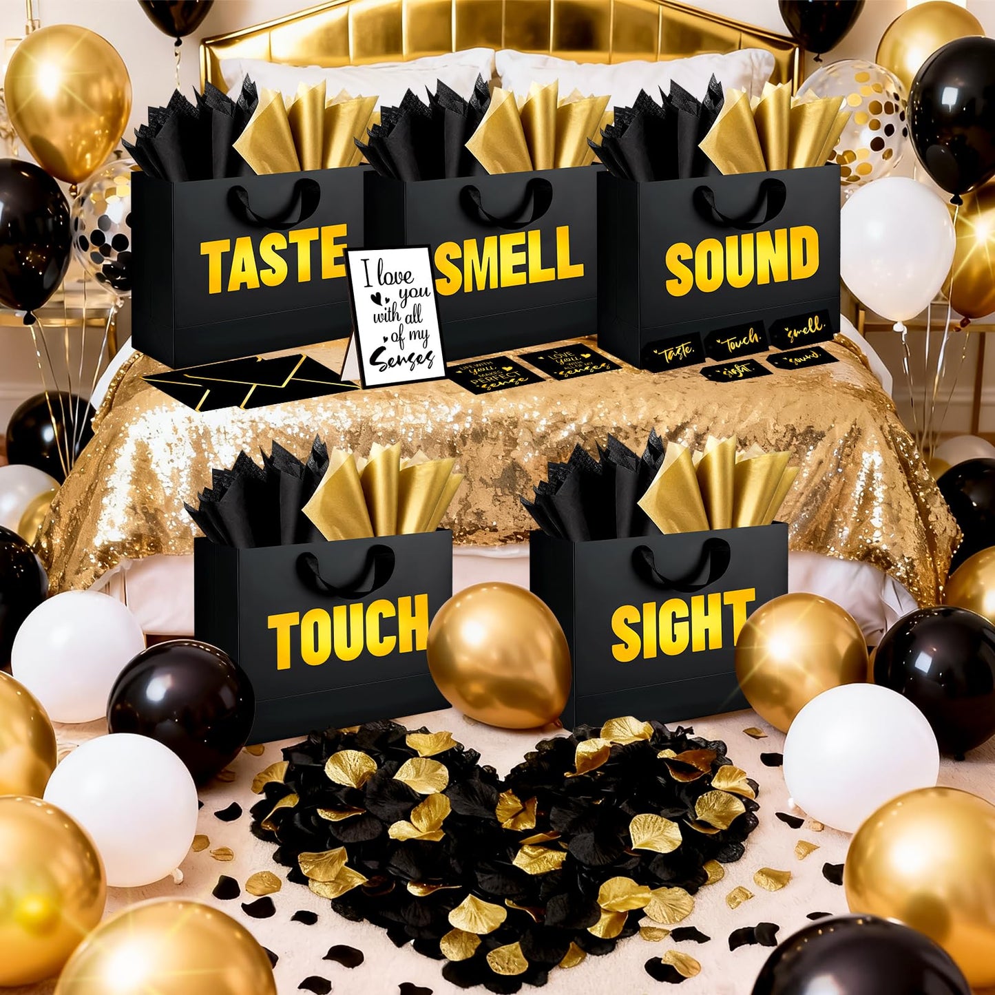 5 Senses Gift Bags for Him with Labels Tissue Paper, Five Senses Party Decoration Rose Petals Black Gold Balloons Greeting Card and Sign Holder Stand for Husband Boyfriend Birthday Party Decor