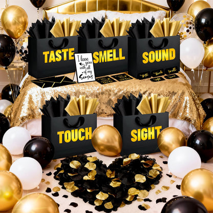 5 Senses Gift Bags for Him with Labels Tissue Paper, Five Senses Party Decoration Rose Petals Black Gold Balloons Greeting Card and Sign Holder Stand for Husband Boyfriend Birthday Party Decor