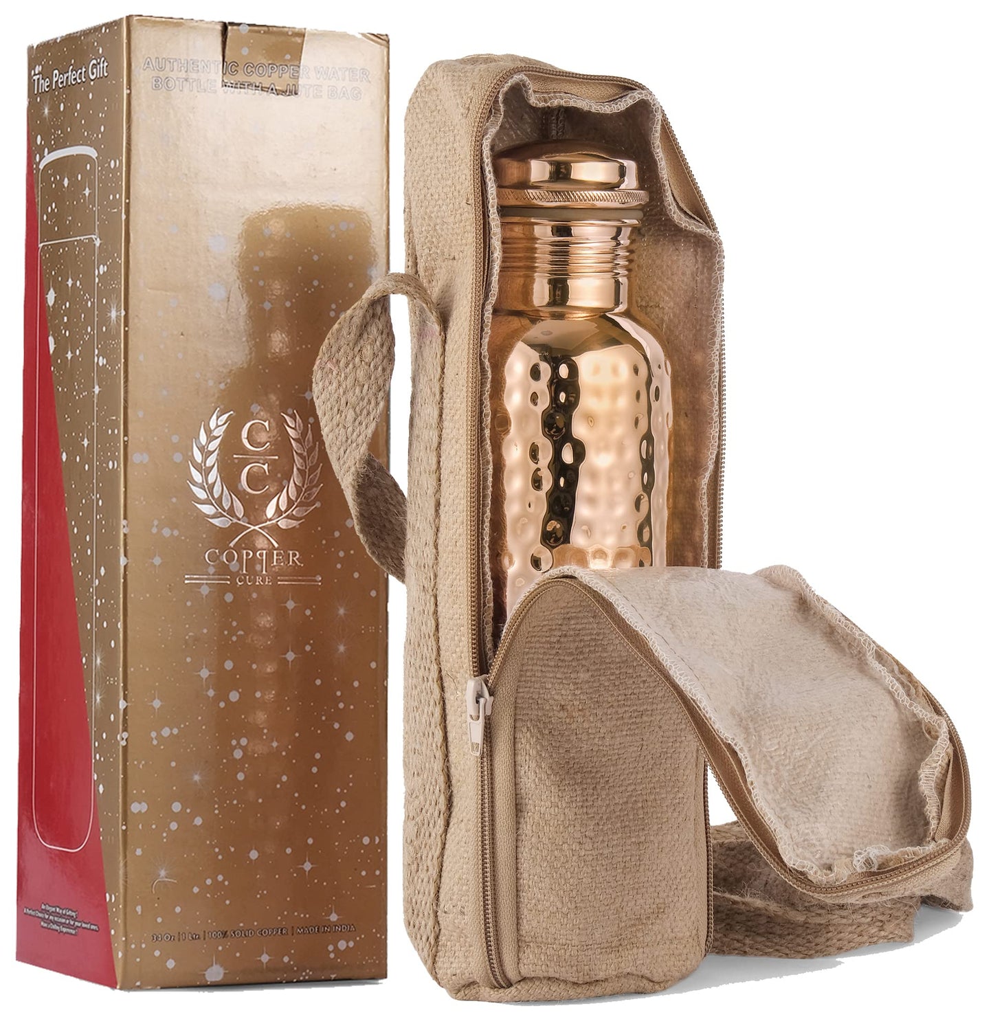 Pure Copper Water Bottle 34 Ounce with Jute Carry Bag – Hammered Leakproof Ayurvedic Copper Vessel for Drinking Water - Reusable Bottle for Home, Office, Gym, Travel & Gifting