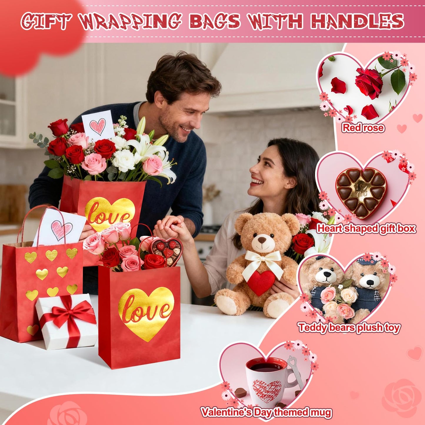 FOGWOWO 24 Pcs Valentines Gift Bags with Foiling Gold Heart in Red Gift Bags Valentines Bags Love Gift Bag Kraft Paper with Handles Goodie Bag for Wedding Birthday Holiday Party Wrapping Supplie