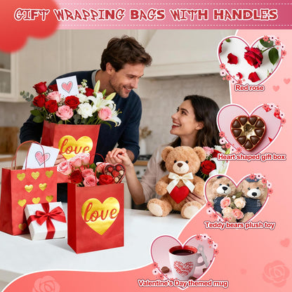 FOGWOWO 24 Pcs Valentines Gift Bags with Foiling Gold Heart in Red Gift Bags Valentines Bags Love Gift Bag Kraft Paper with Handles Goodie Bag for Wedding Birthday Holiday Party Wrapping Supplie