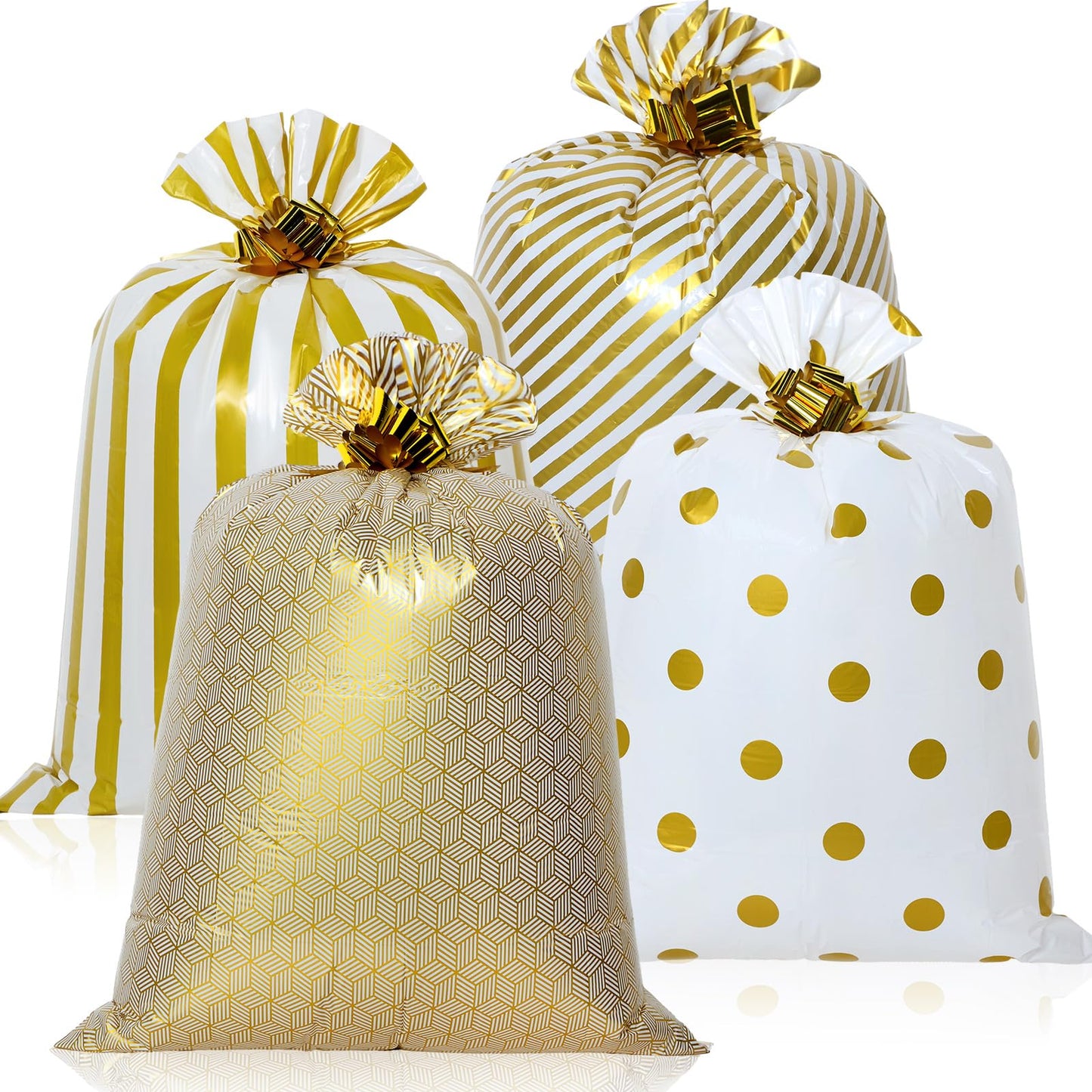 Fulmoon 4 Pcs 48 Inch Jumbo Gift Bag Golden Extra Large Bags with Pull Flowers, Plastic Giant Gift Oversized Wrapping for Graduation Wedding Birthday Baby Shower(Gold)