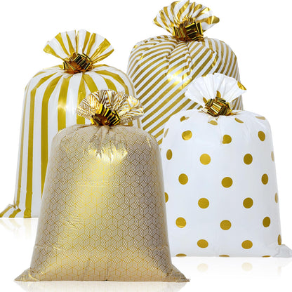 Fulmoon 4 Pcs 48 Inch Jumbo Gift Bag Golden Extra Large Bags with Pull Flowers, Plastic Giant Gift Oversized Wrapping for Graduation Wedding Birthday Baby Shower(Gold)