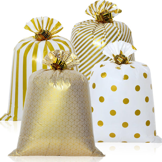 Fulmoon 4 Pcs 48 Inch Jumbo Gift Bag Golden Extra Large Bags with Pull Flowers, Plastic Giant Gift Oversized Wrapping for Graduation Wedding Birthday Baby Shower(Gold)