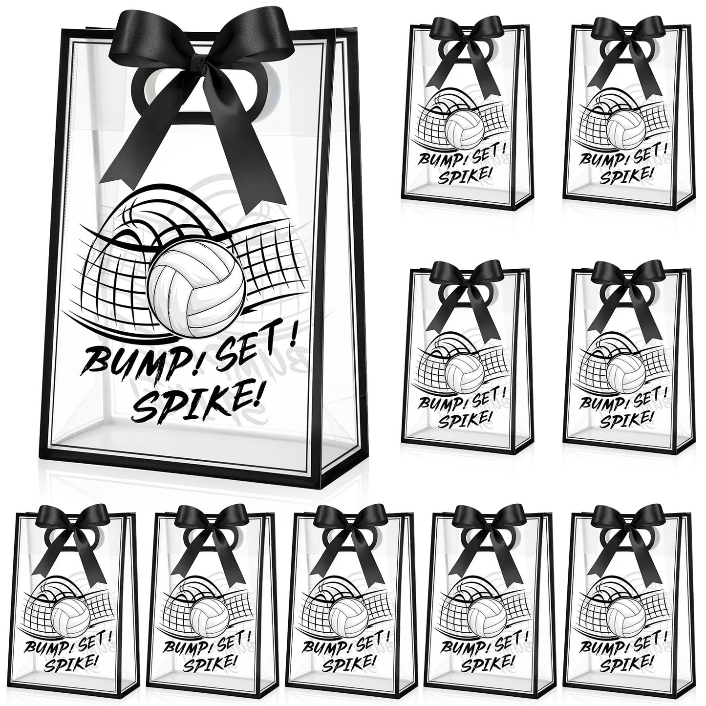 Aliceset 12 Pcs Volleyball Clear Goodie Bag with Die Cut Handles and Ribbons Sport Theme Party Favor Bags for Volleyball Team Snack Wrapping Teamer Gifts Birthday Party Treats Supplies, 7x10x3.15 Inch