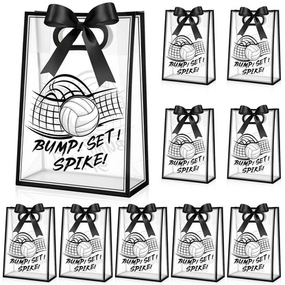 Aliceset 12 Pcs Volleyball Clear Goodie Bag with Die Cut Handles and Ribbons Sport Theme Party Favor Bags for Volleyball Team Snack Wrapping Teamer Gifts Birthday Party Treats Supplies, 7x10x3.15 Inch