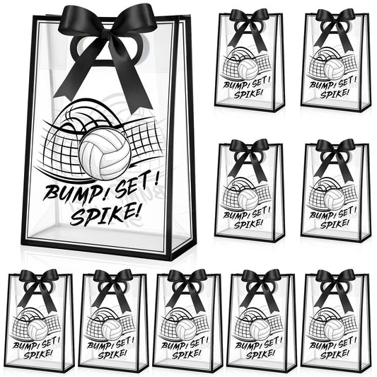 Aliceset 12 Pcs Volleyball Clear Goodie Bag with Die Cut Handles and Ribbons Sport Theme Party Favor Bags for Volleyball Team Snack Wrapping Teamer Gifts Birthday Party Treats Supplies, 7x10x3.15 Inch