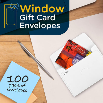 Guardian Gift Card Envelopes with Clear Window, Pack of 100 Blank Small Envelopes for Gift Cards, Business Cards, Key Cards, and More, 2 ½ Inches x 3 ⅝ Inches, White