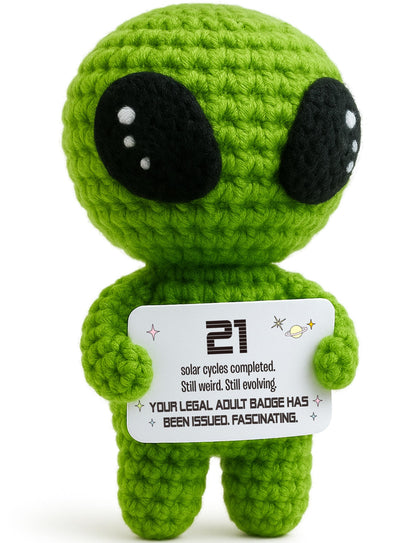 21st Birthday Gifts – Handmade Crochet Alien Plush with Funny Legal Adult Birthday Message Card – Cute 21 Years Old Celebration Gift for Him or Her, Bday Milestone Keepsake