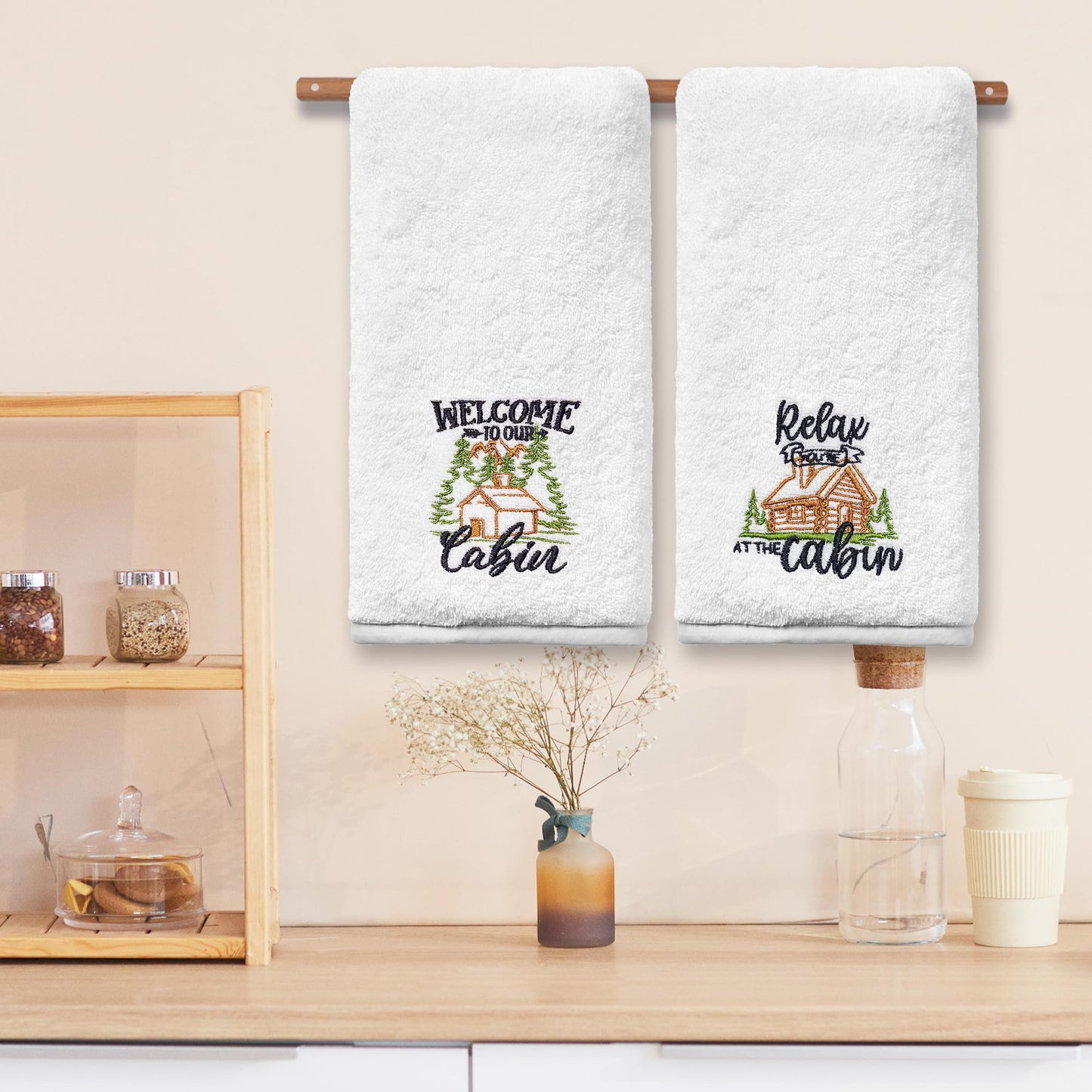 FUTBU Cabin Hand Towels for Bathroom, Cabin Decor Embroidered Dish Towels, Log Cabin Decor Gifts Decorative New Home Bear Deer Tea Hand Towels, 100% Cotton Soft Towels for Kitchen 14x30 Inches