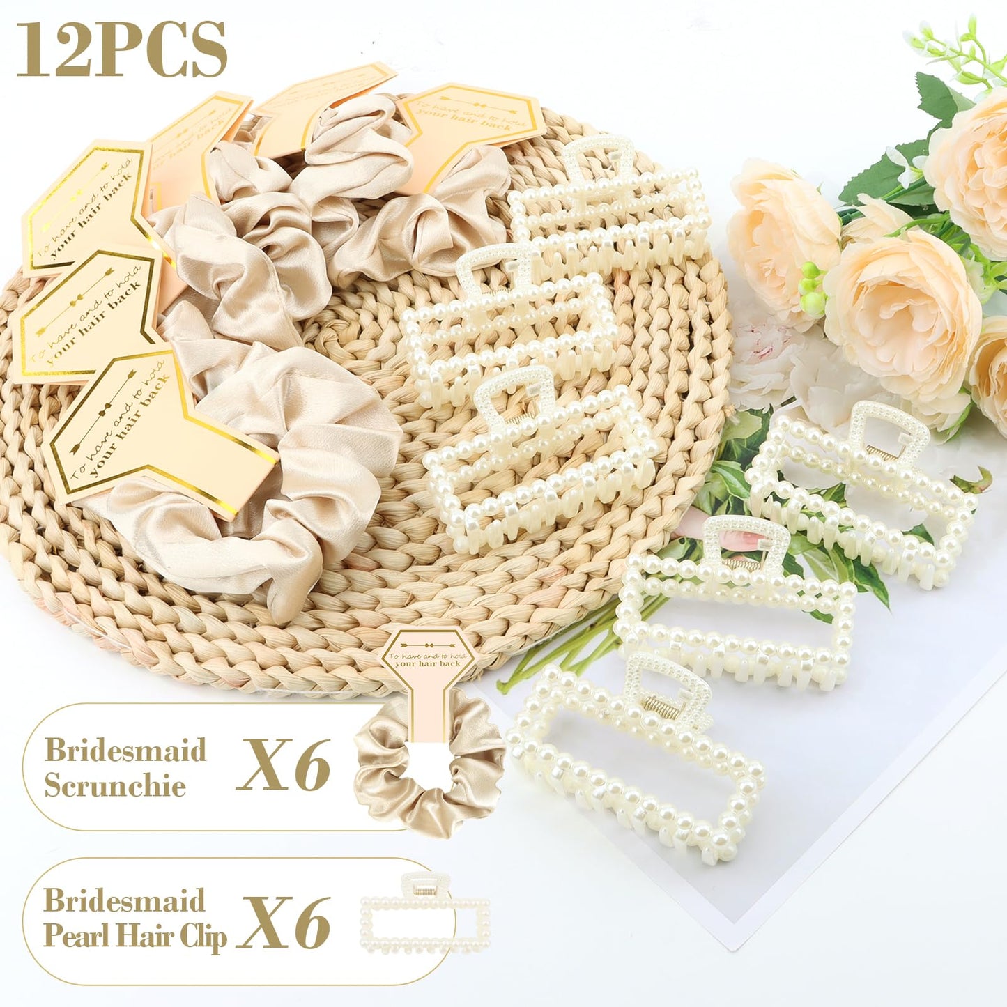 Bridesmaid Proposal Gifts, 12 PCS Bridesmaids Silk Hair Scrunchies & Pearl Hair Clips Set for Women Bachelorette Party Favors Bridal Shower Favors Bridesmaids Gifts for Wedding Day (Champagne Gold)