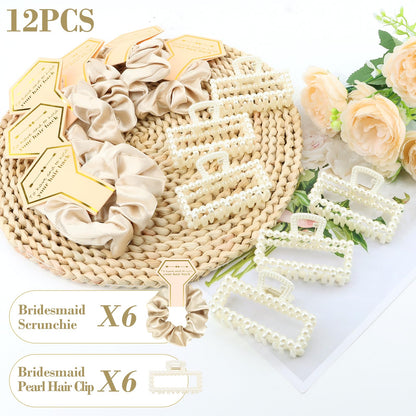 Bridesmaid Proposal Gifts, 12 PCS Bridesmaids Silk Hair Scrunchies & Pearl Hair Clips Set for Women Bachelorette Party Favors Bridal Shower Favors Bridesmaids Gifts for Wedding Day (Champagne Gold)