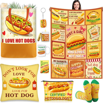 Buryeah 9 Pcs Hot Dog Present for Women Mothers Day Hot Dog Set Gifts Include 60 x 50'' Blanket Mug Makeup Bag Tote Bag Pillowcase Socks Keychain Candle Greeting Card Present for Friends