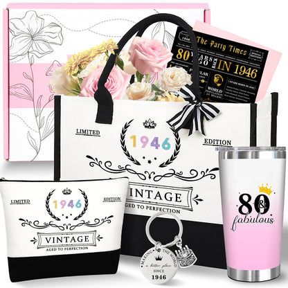 80th 1945 Birthday Gifts for Women, 80 Year Old Birthday Fabulous Gifts for Women, Cool 80th Gift Canvas Tote Bag Set for Woman, Turning 80th Cup Gift Basket for Her Mom Sister Wife