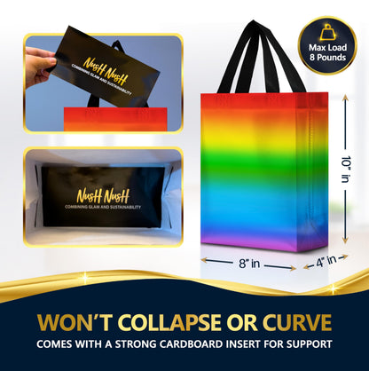 Nush Nush Holographic Rainbow Gift Bags Medium Size– Set of 12 Colorful, Reusable Rainbow Gift Bags with Handles - Ideal Goodie Bag for Birthday Party, Kids Party, Sleepover, Pride Events - 8x4x10