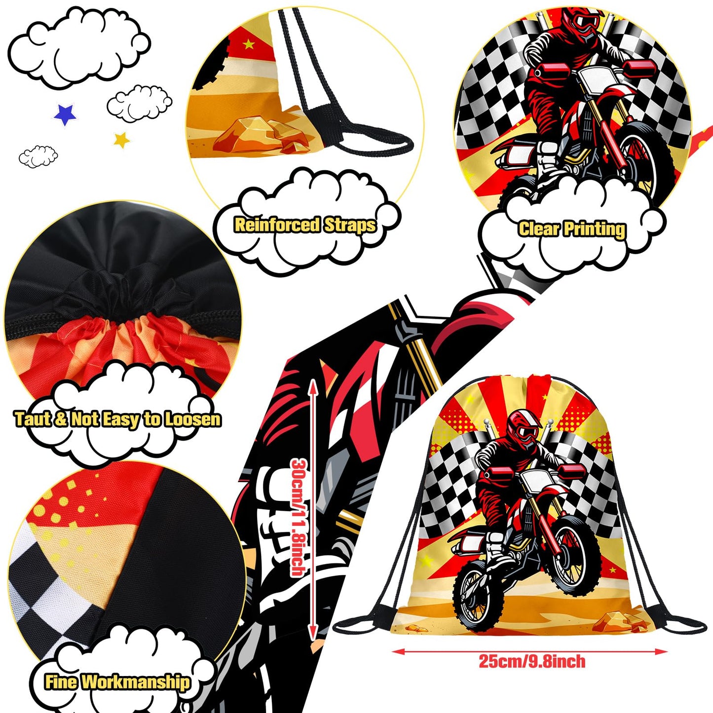 Boao 16 Pack Dirt Bike Favors Bag Racing Themed Party Drawstring Motorcycle Goodie Bags for Birthday Party Supplies Candy Gift Men Bike Lover