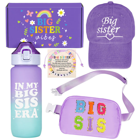 Big Sister Gifts for Girls – Purple Big Sister Gift Set with 20oz Water Bottle, Waist Bag, Baseball Cap & Bracelet, New Big Sister Gifts for Girls