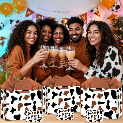 Large Brown Cow Print Gift Bag with Tissue Paper and Card Cow Party Favors Bag Brown Farm Animal Goodie Bags Cowboy Paper Bags for Cowboy Cowgirl Theme Birthday Party Wedding Shower Supplies
