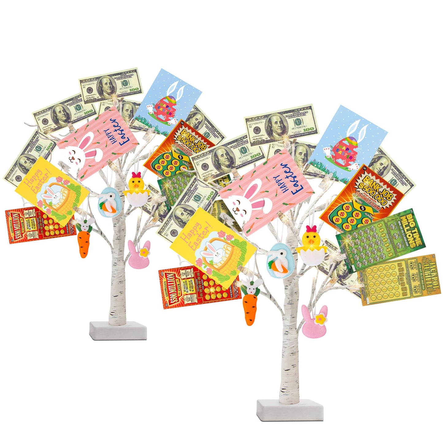 PEIDUO Set of 2 Money Trees, Lighted 22Inch 24LT White Birth Tree with Clips and Greeting Cards, Gift Card Holder for Birthday,Christmas, Wedding, Father's Day Graduation Gifts, Money Tree Gift Holder