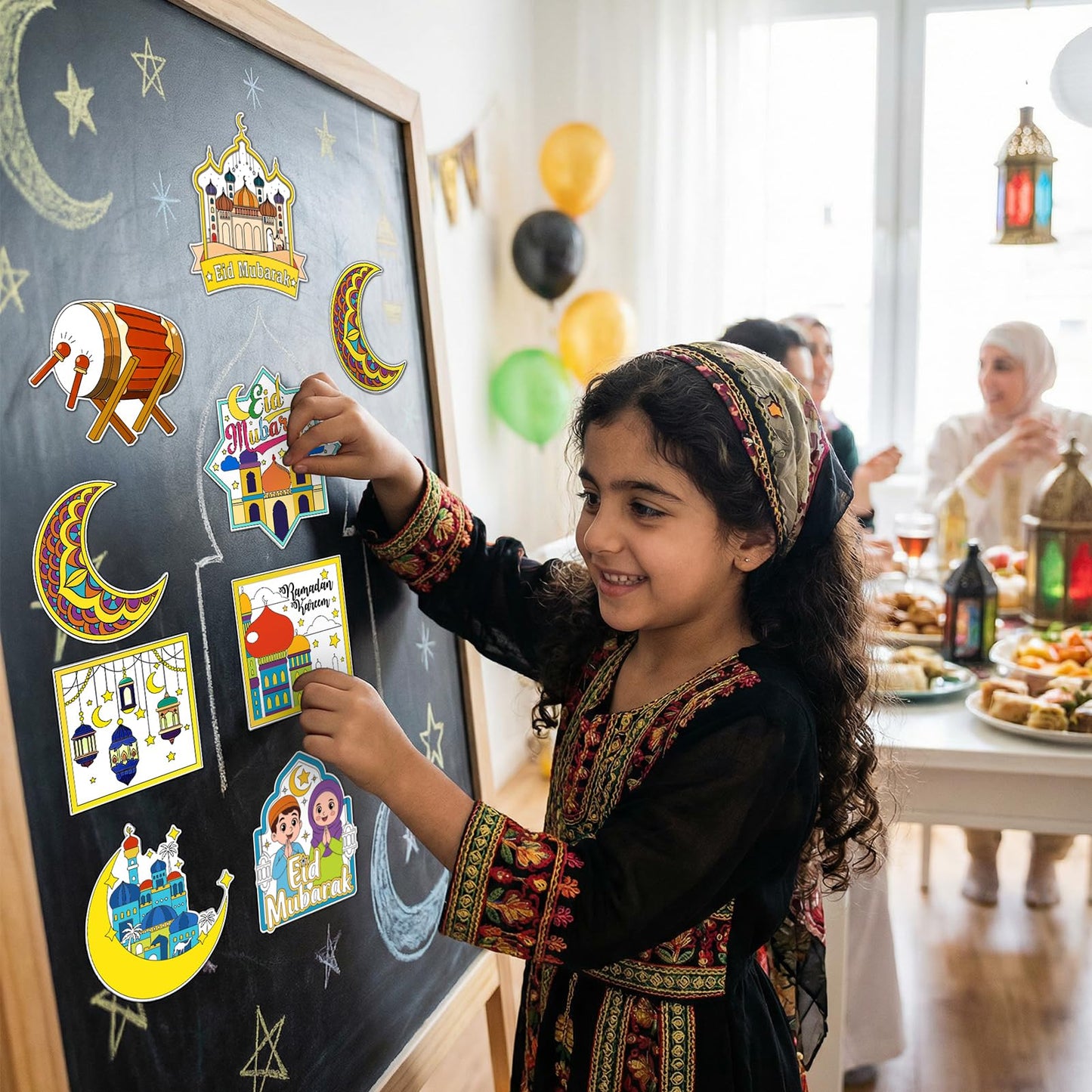 HOWAF 24 PCS Ramadan Crafts Fridge Magnet Kit, Color Your Own Eid DIY Fridge Magnet Include 24 Magnet Paint Pens Eid Mubarak Gifts for Kids Party Supplies Home School Activities