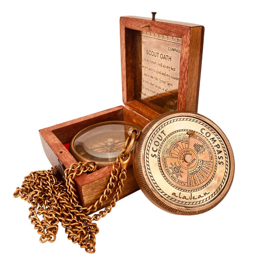 Scout Compass Gift Boys - Engraved Scout Oath Compass in wood Box Scout Always Prepared Camping Orienteering Compass, Hiking Backpacking Compass gift, 50 year calander