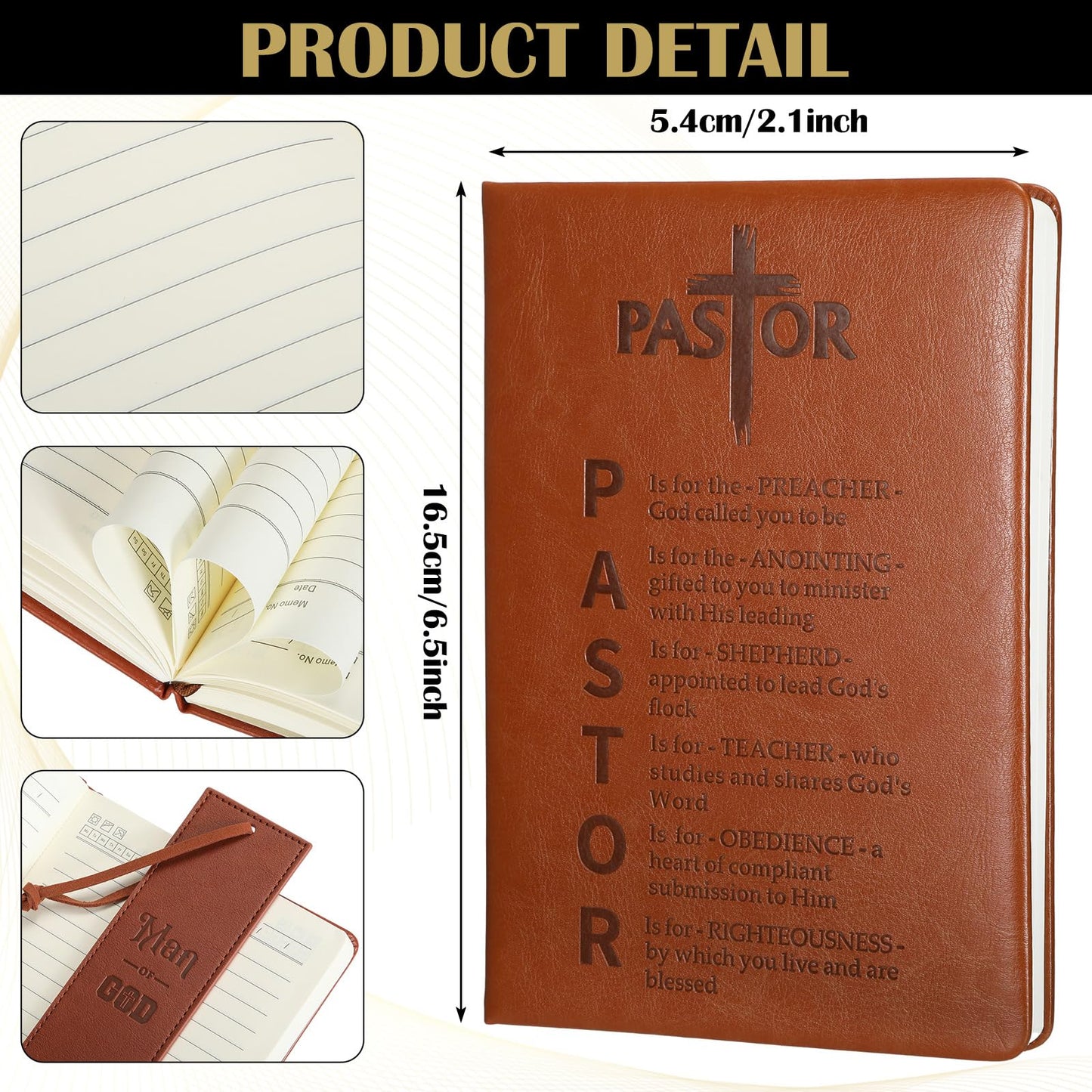 7 Pcs Pastor Appreciation Gift for Men Christian Pastor Gift Includes Leather Journal Man of God Bookmark Pen 11 oz Coffee Mug Cross Crew Socks Box for Birthday Fathers Day(Brown and Black)