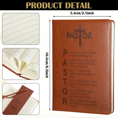 7 Pcs Pastor Appreciation Gift for Men Christian Pastor Gift Includes Leather Journal Man of God Bookmark Pen 11 oz Coffee Mug Cross Crew Socks Box for Birthday Fathers Day(Brown and Black)