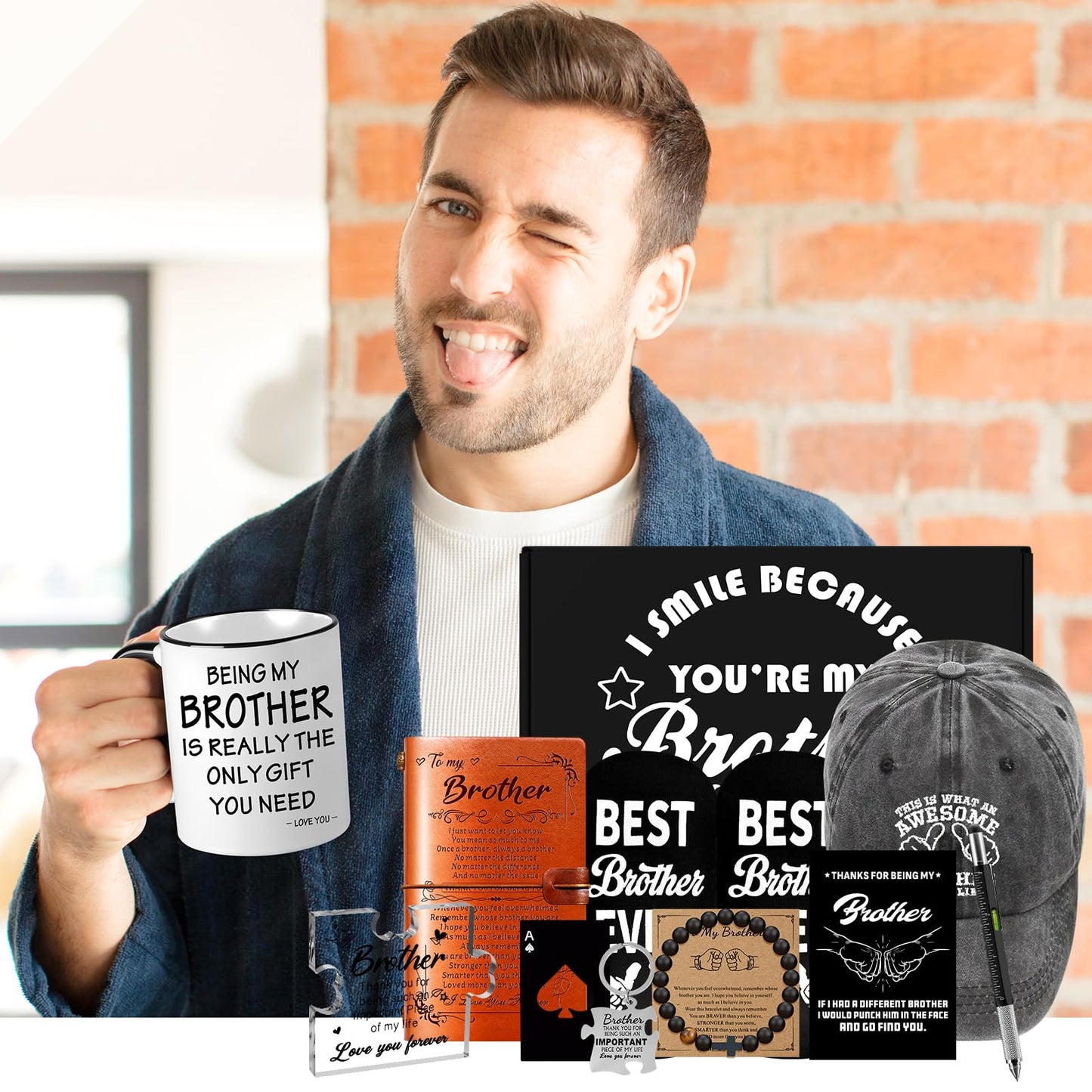 11 PCS Brother Gifts from Sister Brother with 11 Oz Coffee Mug Journal Cap Socks Acrylic Plaque Bracelet Keychain Pen, Birthday Christmas Christian Gift for Brother in Law, Son, Nephew, Grandson