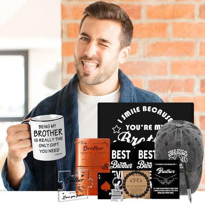 11 PCS Brother Gifts from Sister Brother with 11 Oz Coffee Mug Journal Cap Socks Acrylic Plaque Bracelet Keychain Pen, Birthday Christmas Christian Gift for Brother in Law, Son, Nephew, Grandson