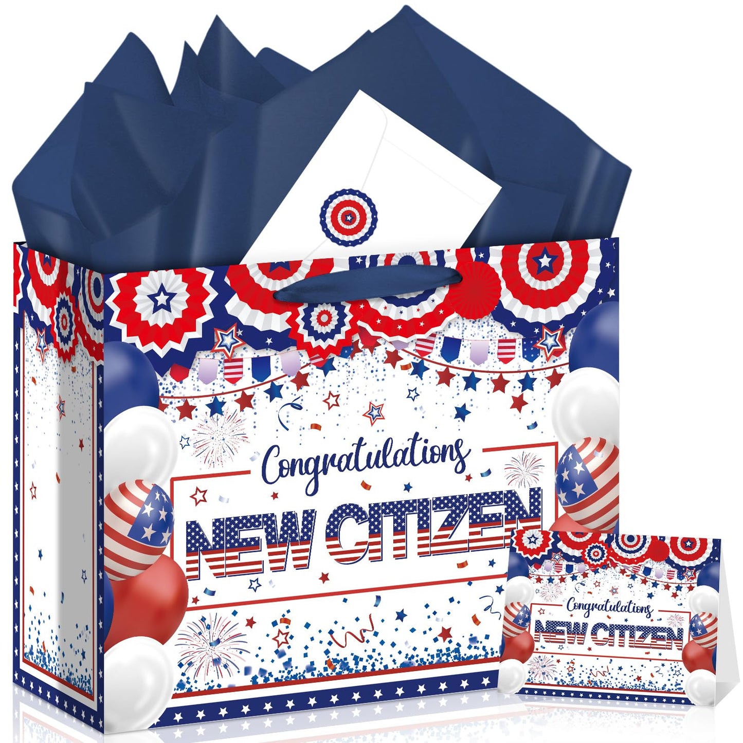 Allparty New American Citizen Gift Bag Citizenship Gift Bag with Wrapping Paper Card Sticker Envelope Blue White and Red New Citizen Party Favors Congratulations Gifts Presents for New US Citizens