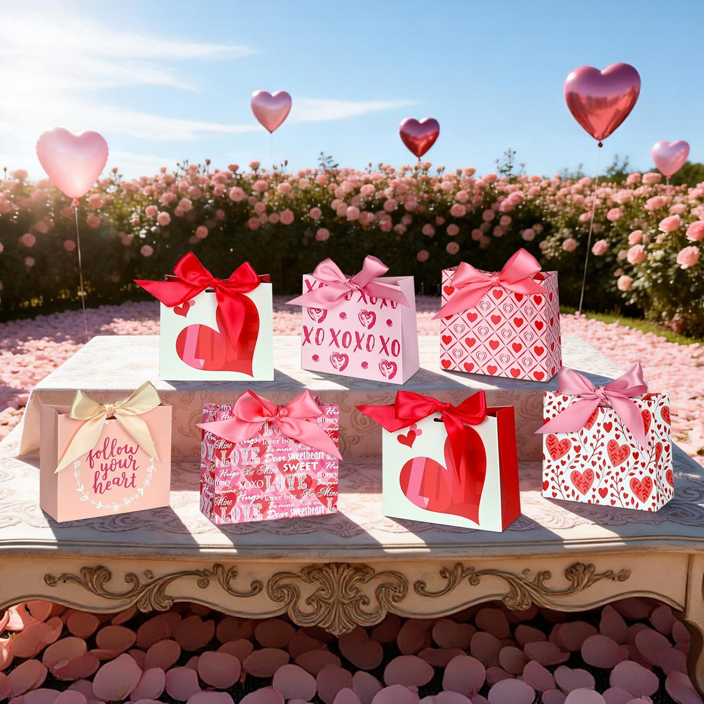 Nimbbex 24 Pack Small Valentines Gift Bags with Bow Ribbons, 4.5" X 1.8" X 3.9" Love Heart Valentines Bags, Mini Valentines Bags for Weddings, Holidays, Classroom, Valentine's Day Gift Giving