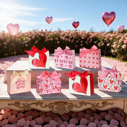 Nimbbex 24 Pack Small Valentines Gift Bags with Bow Ribbons, 4.5" X 1.8" X 3.9" Love Heart Valentines Bags, Mini Valentines Bags for Weddings, Holidays, Classroom, Valentine's Day Gift Giving