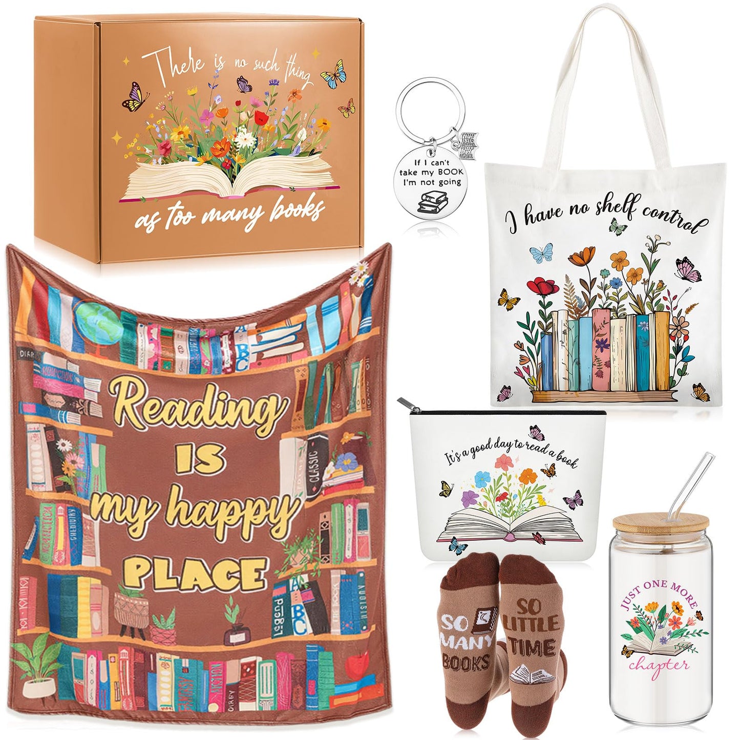 Paterr 6 Pcs Book Lover Gifts for Women, Mother's Day Book Club Gifts for Bookish, Canvas Tote Bag Makeup Bag Print Blanket Socks 16oz Glass Coffee Cup with Straw Cute Keychain for Librarian Birthday