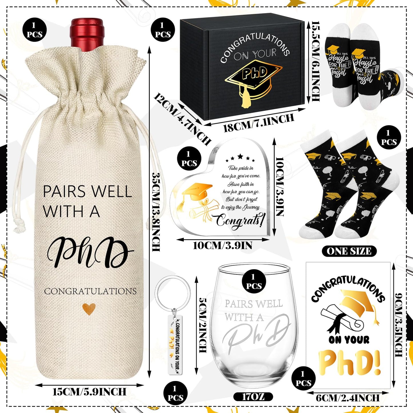 Chunful 7 Pcs PhD Graduation Gifts Doctorate Graduation Gift Set for Women, 17oz Wine Glass Wine Bag Keychain Acrylic Keepsake Socks Greeting Card & Box Funny Pairs Well with a PhD Gifts