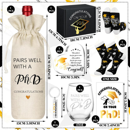 Chunful 7 Pcs PhD Graduation Gifts Doctorate Graduation Gift Set for Women, 17oz Wine Glass Wine Bag Keychain Acrylic Keepsake Socks Greeting Card & Box Funny Pairs Well with a PhD Gifts