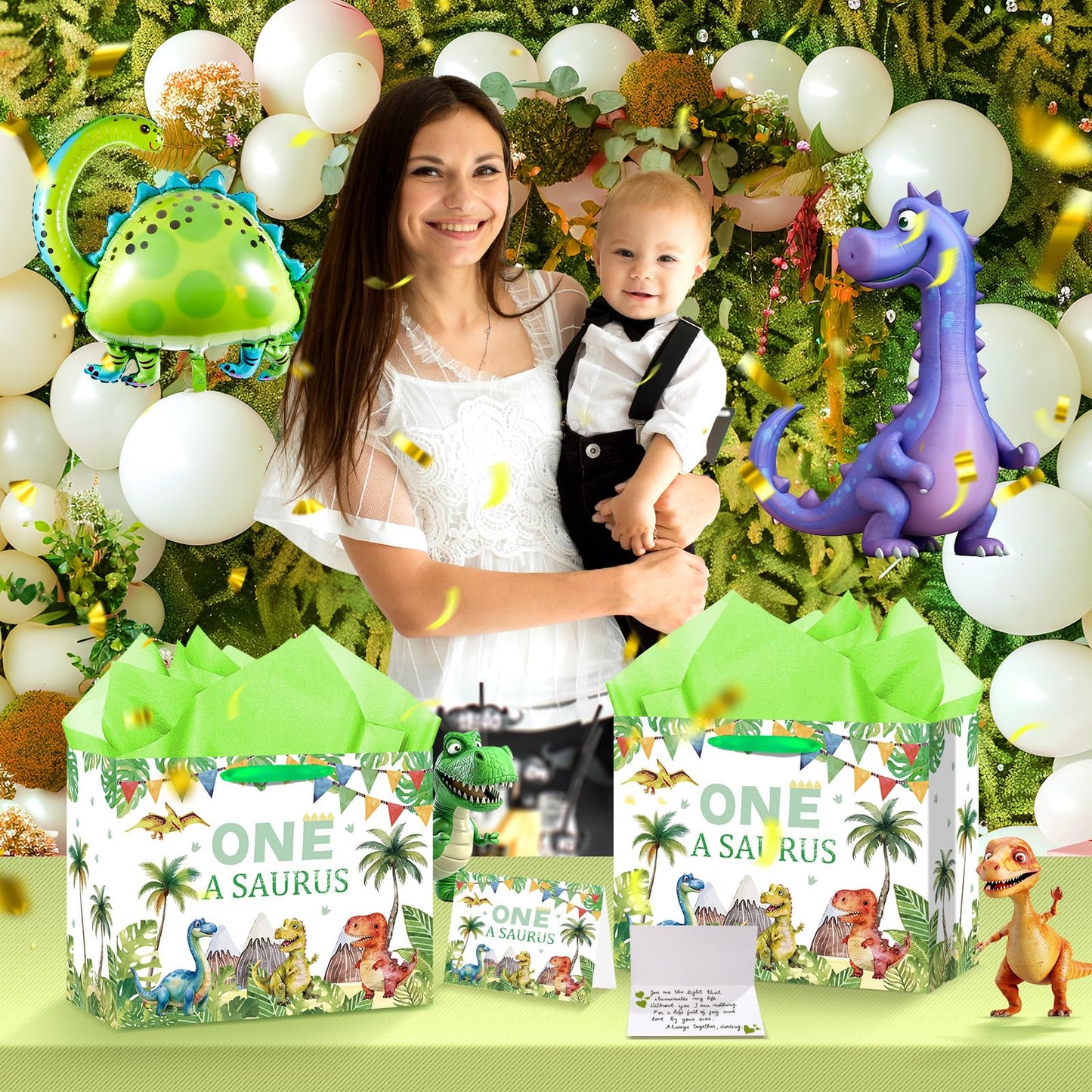 Woosytoo Baby Boys 1st Birthday Gift Bag One a Saurus Decorations Dinosaur First Birthday Gift Wrapping Paper Bag with Tissue Paper for Dino One Years Old Party Favor Supplies