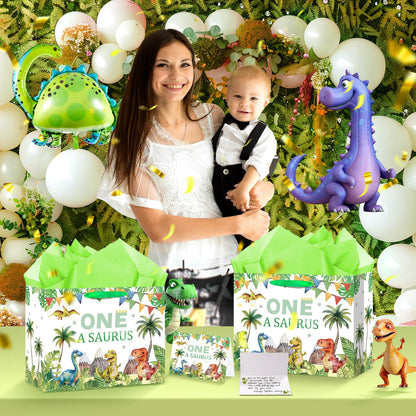 Woosytoo Baby Boys 1st Birthday Gift Bag One a Saurus Decorations Dinosaur First Birthday Gift Wrapping Paper Bag with Tissue Paper for Dino One Years Old Party Favor Supplies