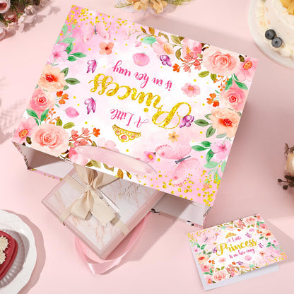 Princess Baby Shower Birthday Gift Bag for Baby Girls A Little Princess is On Her Way Bag with Wrapping Paper Card Pink Rose Gold Flowers Gift Bag for Princess Baby Shower Birthday Party Supplies
