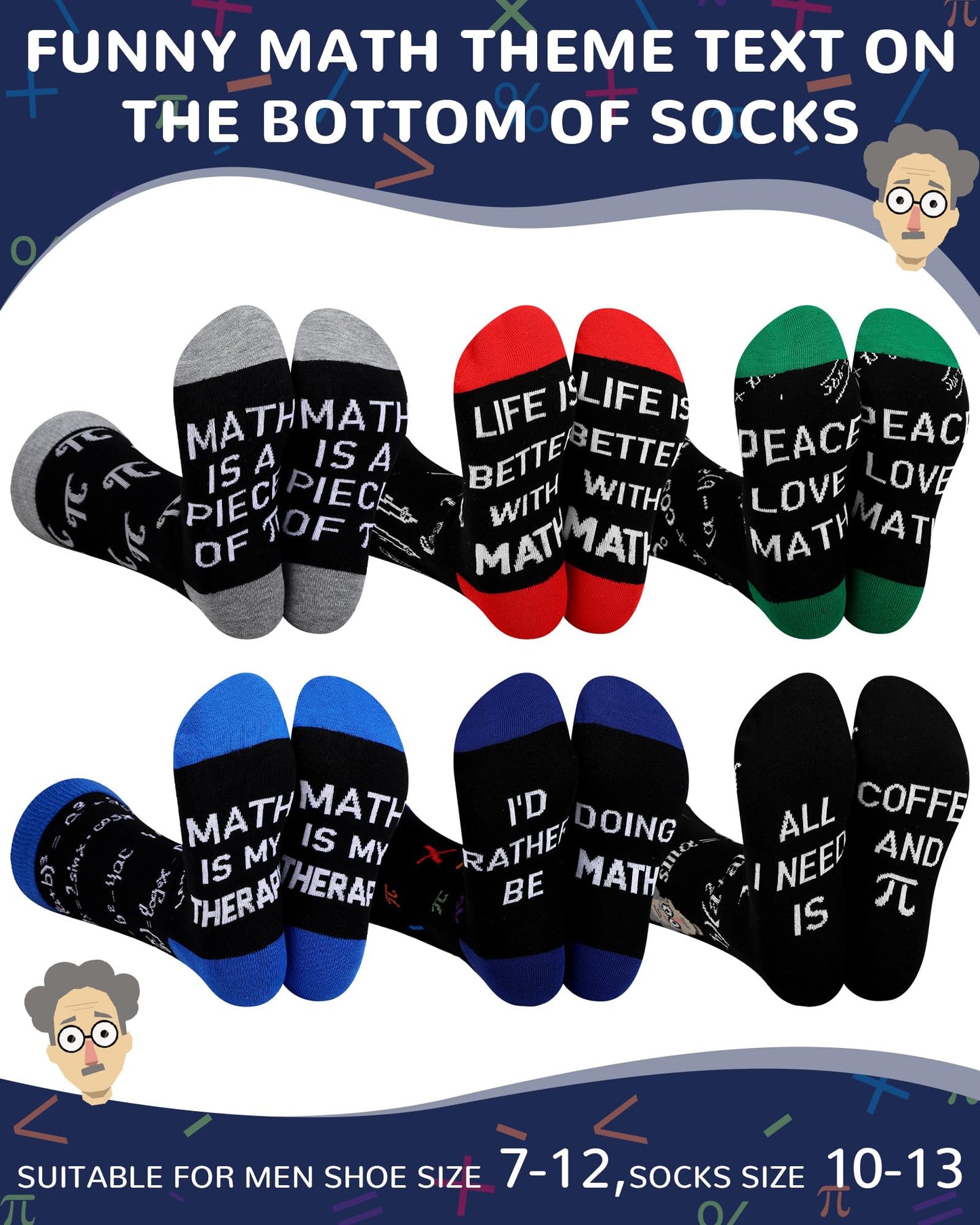 Eurzom 6 Pairs Funny Math Chemistry Pi Socks for Men Math Science Teacher Gift Father Day Mathematicians Chemist Scientists
