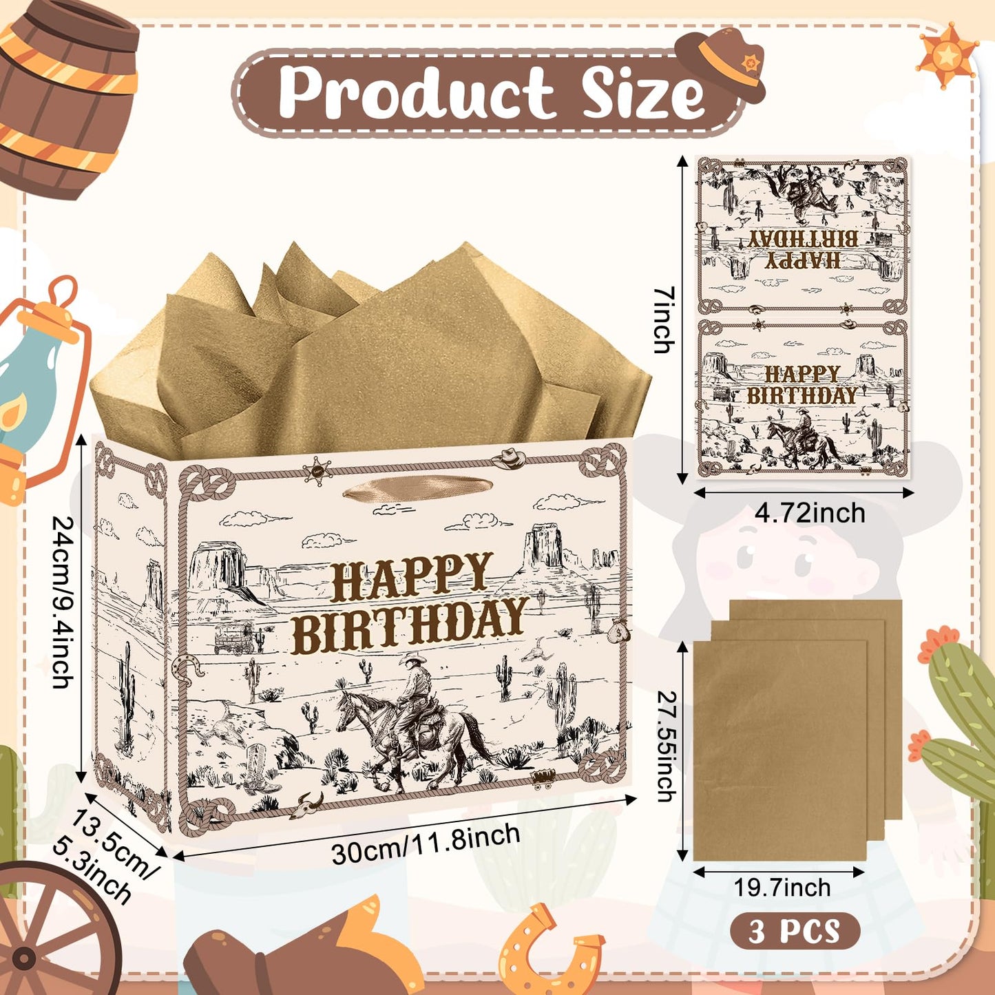 Innovoscape Cowboy Birthday Gift Bag for Boys Men Western Rodeo Happy Birthday Gift Bag with Wrapping Paper Card Large Wild West Horse Gifts Bag for Cowboy Bday Decorations Party Favors Supplies