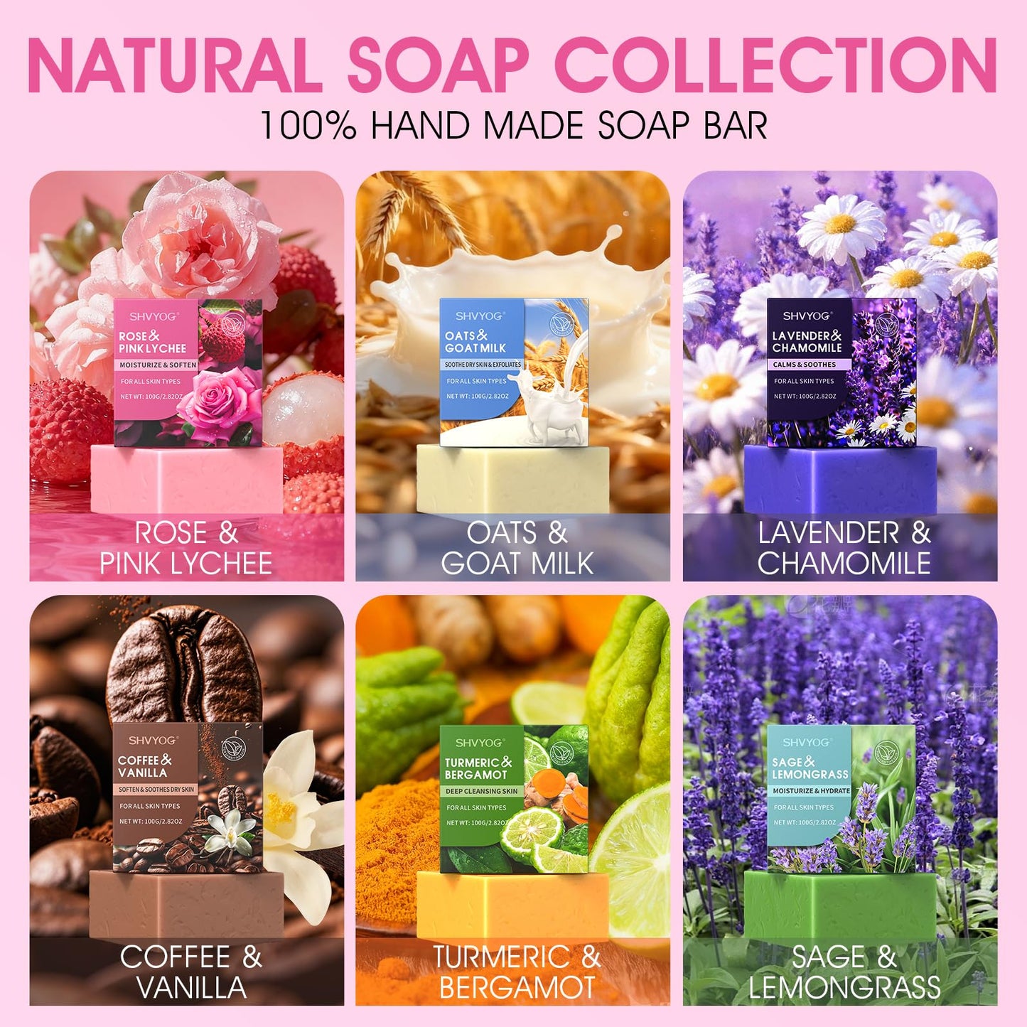 SHVYOG Natural Soap Bar Gift Set, 6PCS Soap Mothers Day Gifts for Mom, with Organic Ingredients & Essential Oils, Cleanses & Softens Skin, Moisturizing, Gifts for Women - 100G*6