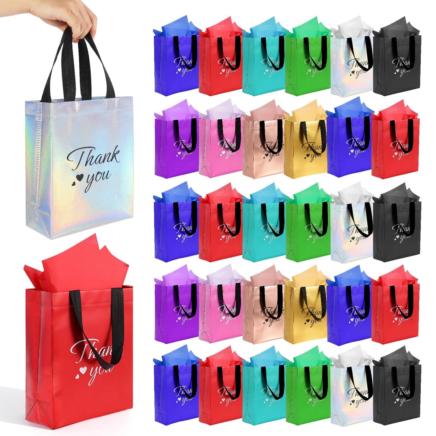60 Pcs Reusable Gift Bags with Handles Set (10 x 8 x 4 Inch), Include 30 Thank You Bag & Tissue Paper, Medium Colorful Gift Bag Bulk for Birthday, Baby Shower, Bridal Shower, Wedding, Party & Events