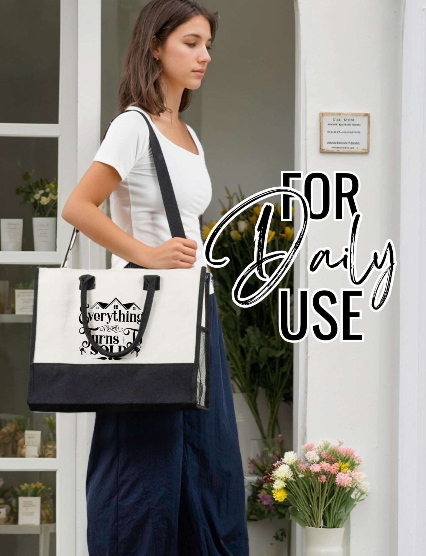 InnoBeta Realtor Gifts Canvas Tote Bag, Everything I Touch Turns To Sold Bag with Top Zipper Closure and Shoulder Strap for Birthday, Mother's Day, Christmas