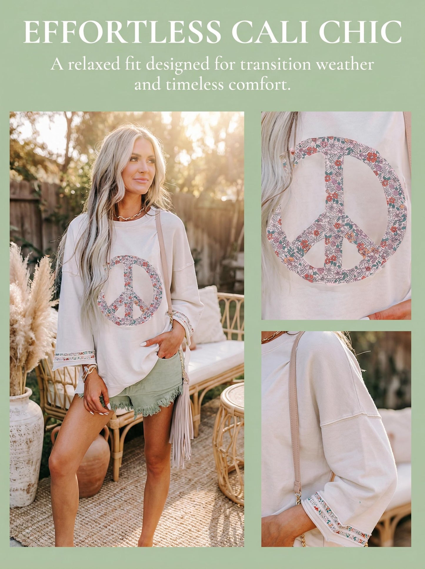 KevaMolly Womens Long Sleeve Tops Floral Peace Symbol Drop Shoulder Sweatshirt Round Neck Casual Pullover