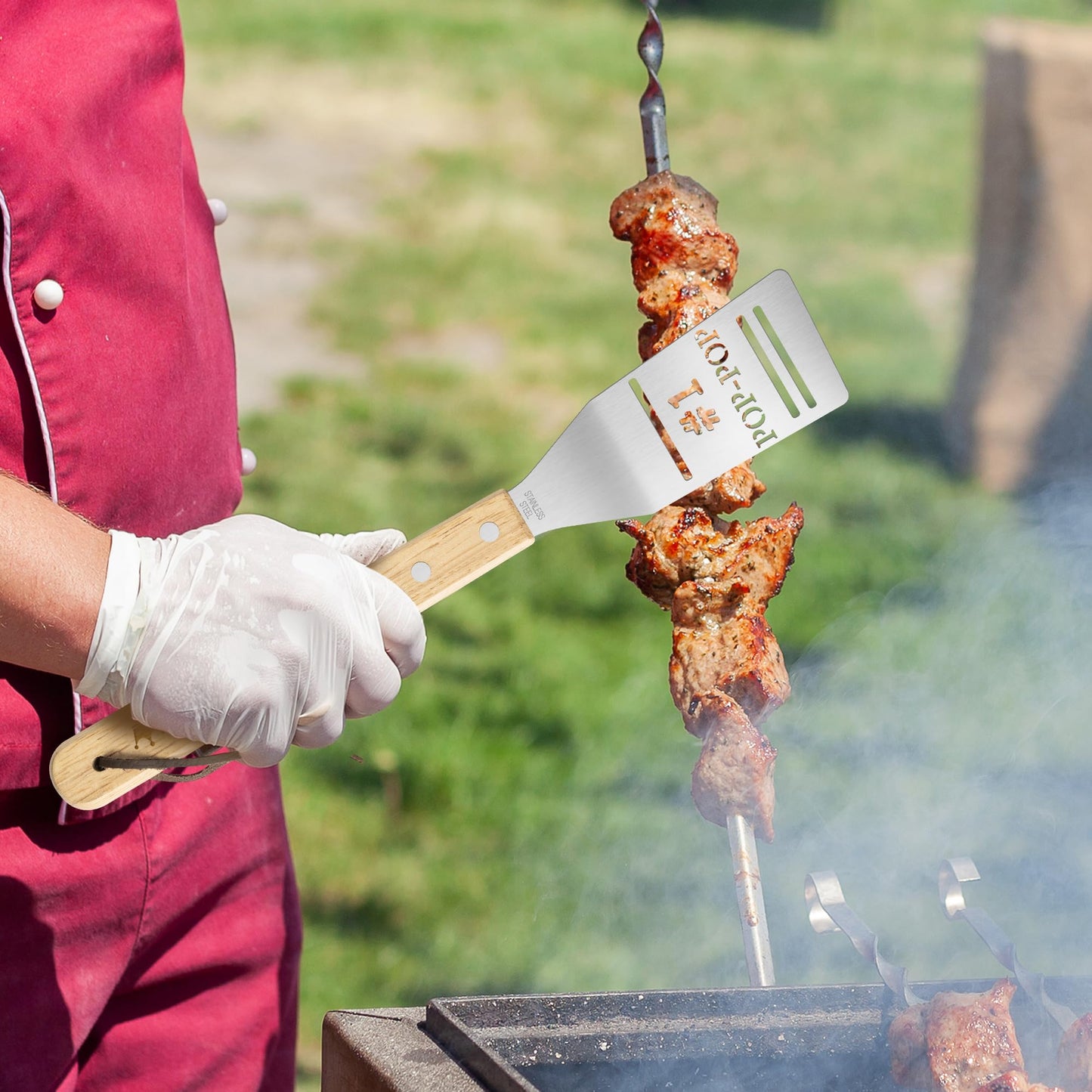 Haooryx Grandpa BBQ Grill Tool Accessory Set - 3Pcs Best Pop-Pop Ever Stainless Steel Grilling Tong Fork Spatula Grillmaster Grandpa Birthday Present Outdoor Housewarming Camping Holiday Party Supply