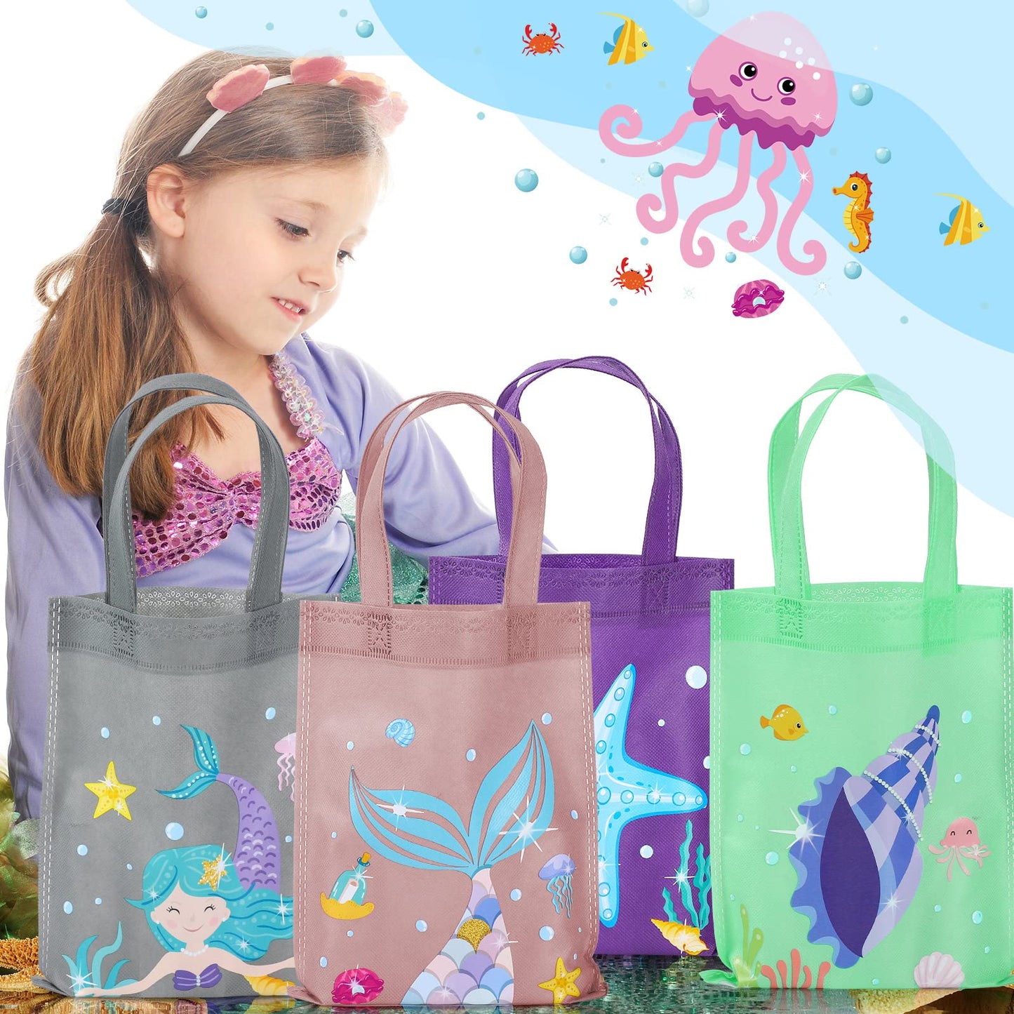 Ferraycle 36 Pcs Mermaid Party Favors Bags, Under The Sea Goodie Bags for Girls Birthday, Ocean Sea Animal Treat Pouches, Mermaid Birthday Party Supplies