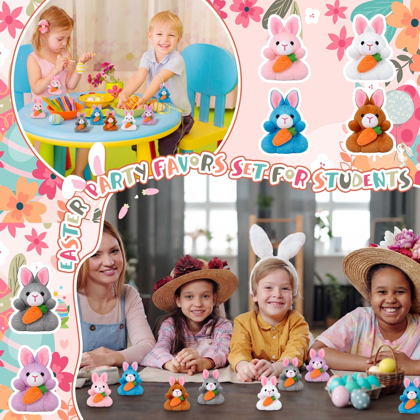 Blueweenly 24 Pcs Easter Bunny Plush Bulk Mini Bunnies Stuffed Animals Small Plush Rabbit Mini Keychains Easter Basket Stuffers Spring Egg Gifts for Prizes Goodie Bag Fillers Party Favors