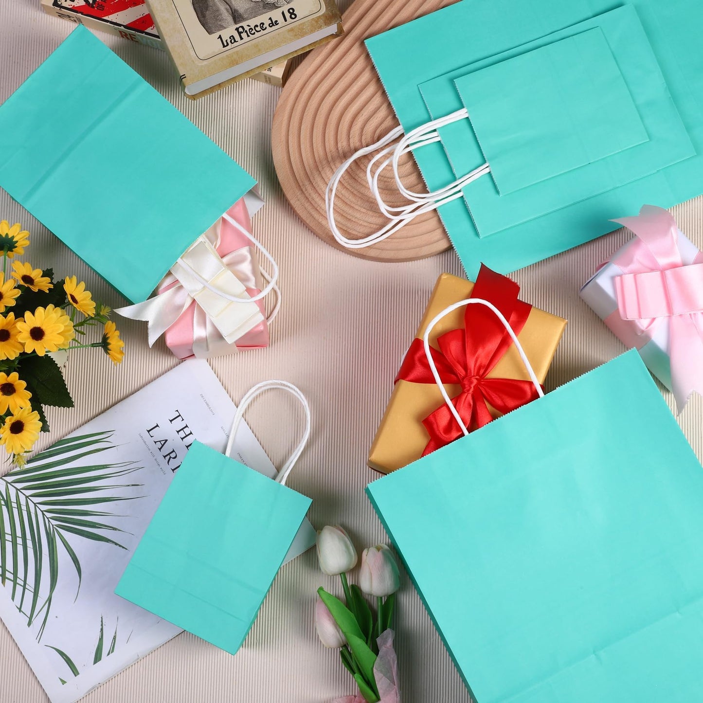 MIMIND 144 Pieces Teal Blue Gift Bags with Handles Assorted Sizes Mint Turquoise Paper Goodie Bags Bulk Party Favor Bags Supplies Baby Shower Birthday Wedding Engagement Bridal