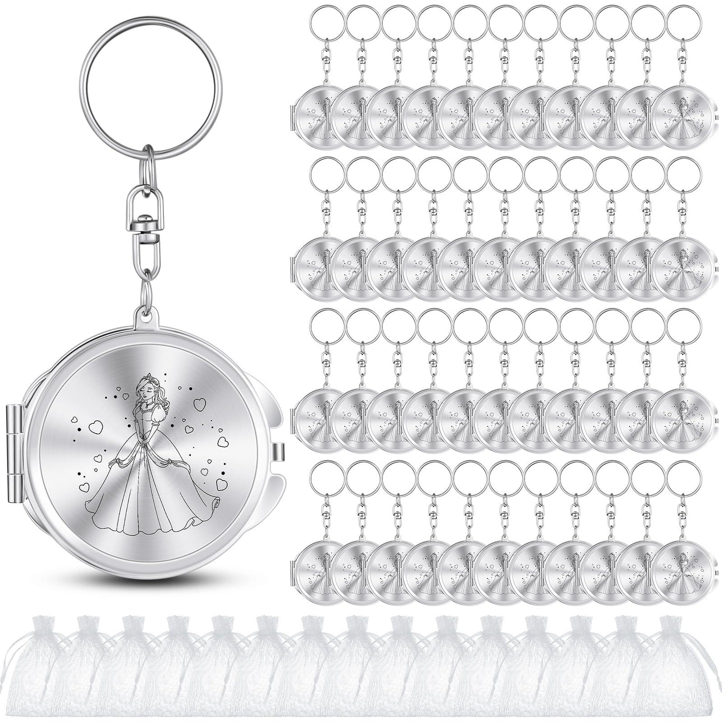 Nosiny 50 Sets Quinceanera Party Favor for Guests Silver Compact Mirror Keychain with White Organza Bag 15 Birthday Gift for Guest Princess Party Favor